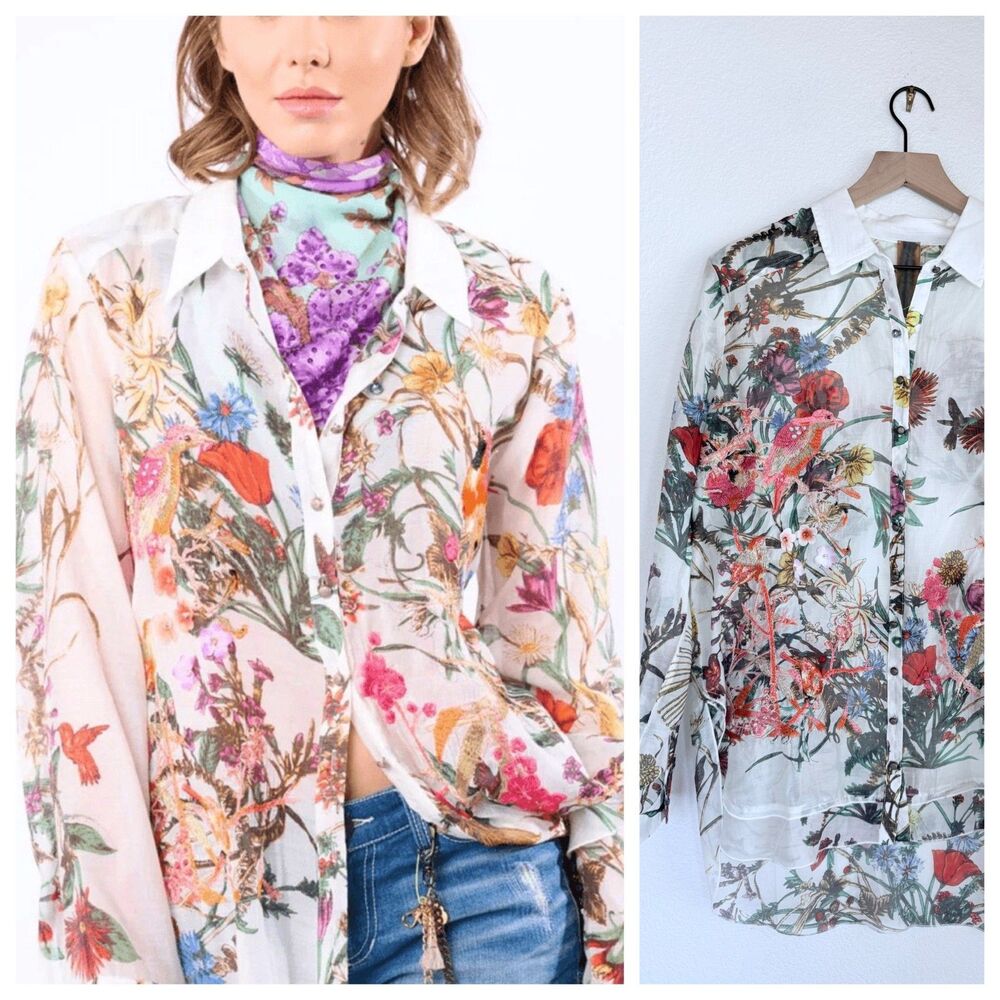 NEW Aratta Women's Lilia Embroidered Embellished Button Down Blouse Size Small